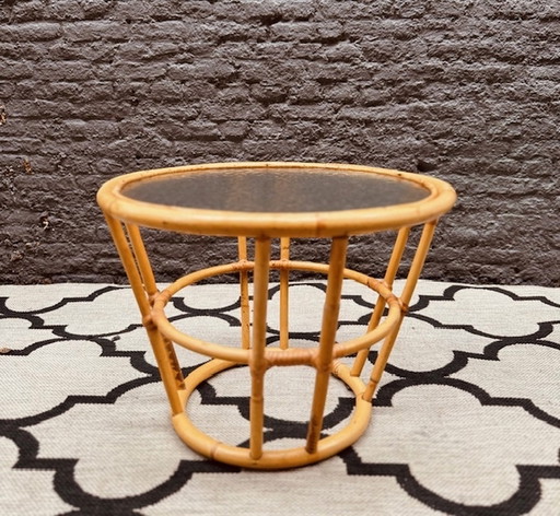 Rattan / Bamboo Rohe Table With Original Clouded Glass