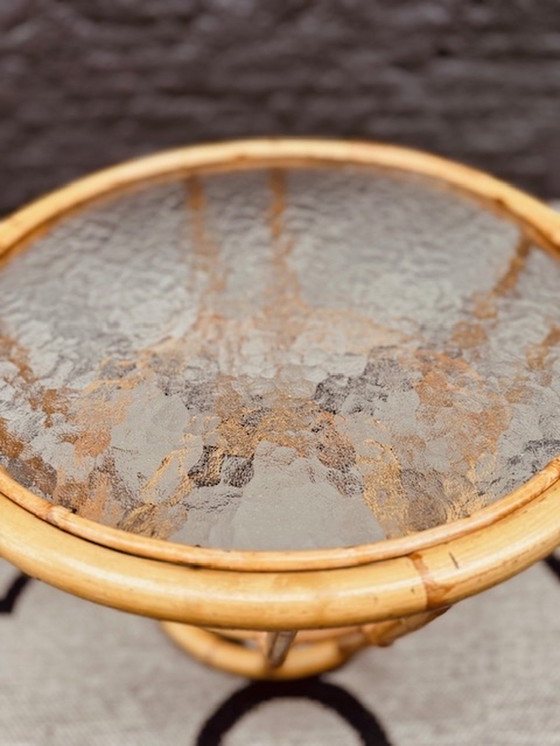 Image 1 of Rattan / Bamboo Rohe Table With Original Clouded Glass