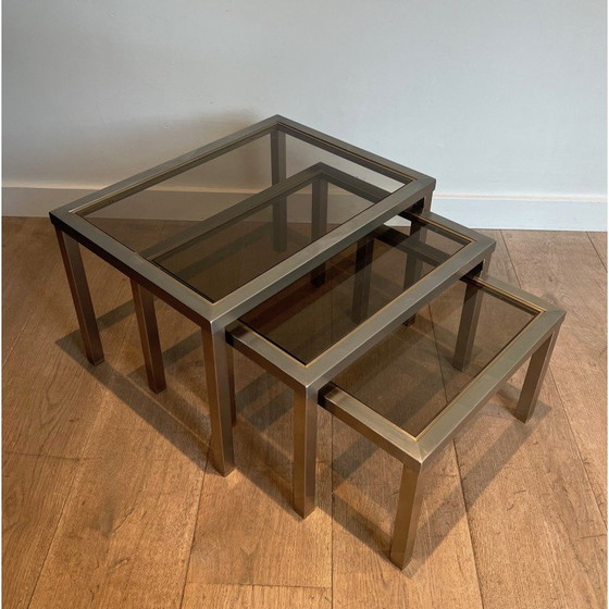 Image 1 of Vintage nesting tables in brushed steel and brass, France 1970