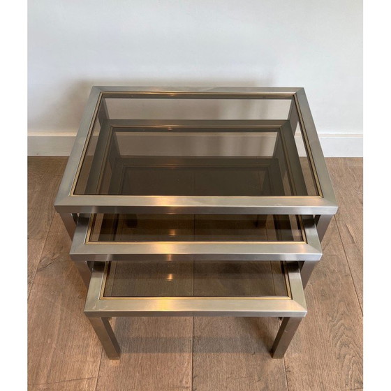 Image 1 of Vintage nesting tables in brushed steel and brass, France 1970