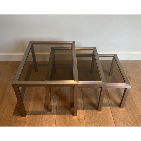 Image 1 of Vintage nesting tables in brushed steel and brass, France 1970