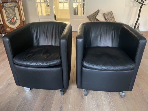 2x Machalke Black Leather Tub Chairs