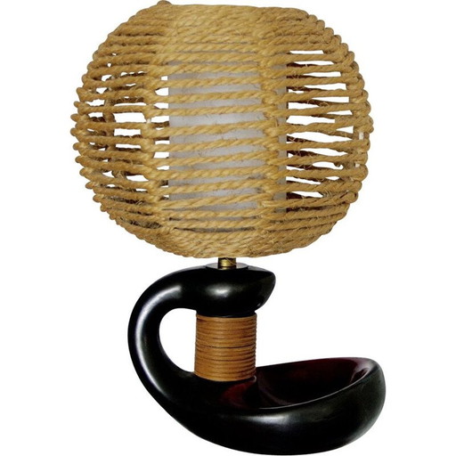 Lampada vintage in ceramica e rattan, 1950