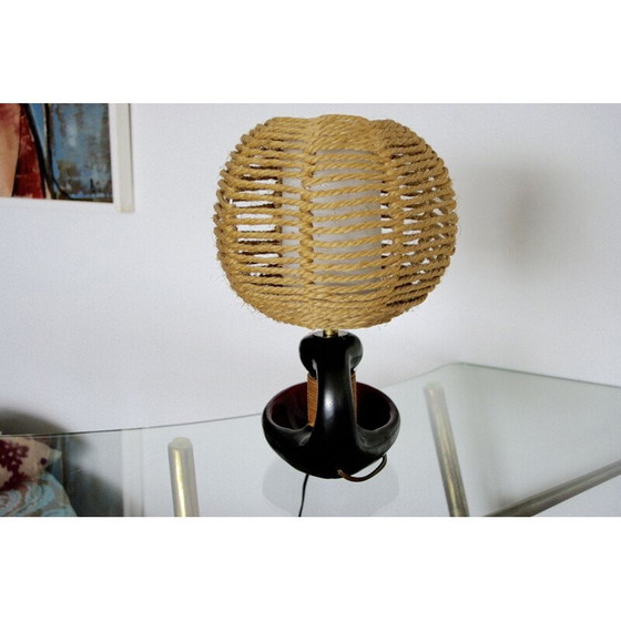 Image 1 of Vintage ceramic and rattan lamp, 1950