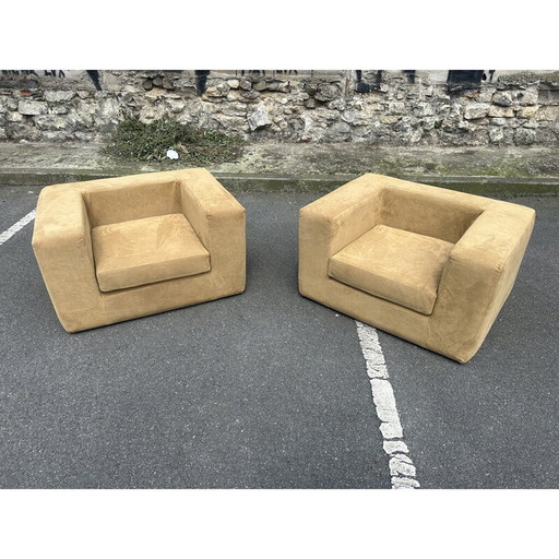 Pair of vintage Throw-away armchairs in calfskin-velvet leather by Willie Landels for Bonifico Zanotta, 1965