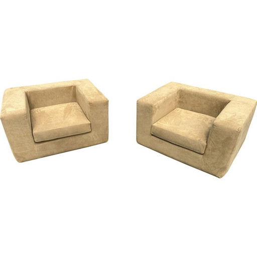 Pair of vintage Throw-away armchairs in calfskin-velvet leather by Willie Landels for Bonifico Zanotta, 1965