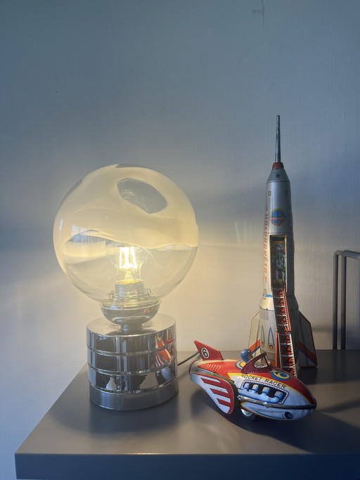 Large Vintage Space Age Table Lamp, Chrome, Glass