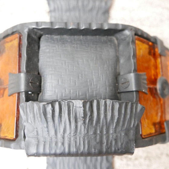 Image 1 of Set of 3 Brutalist iron and orange glass mid-century wall lamps, Belgium 1970s