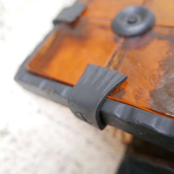 Image 1 of Set of 3 Brutalist iron and orange glass mid-century wall lamps, Belgium 1970s