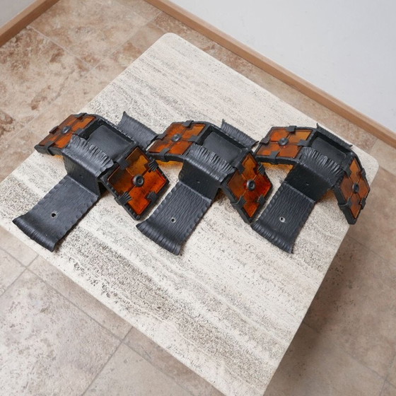 Image 1 of Set of 3 Brutalist iron and orange glass mid-century wall lamps, Belgium 1970s
