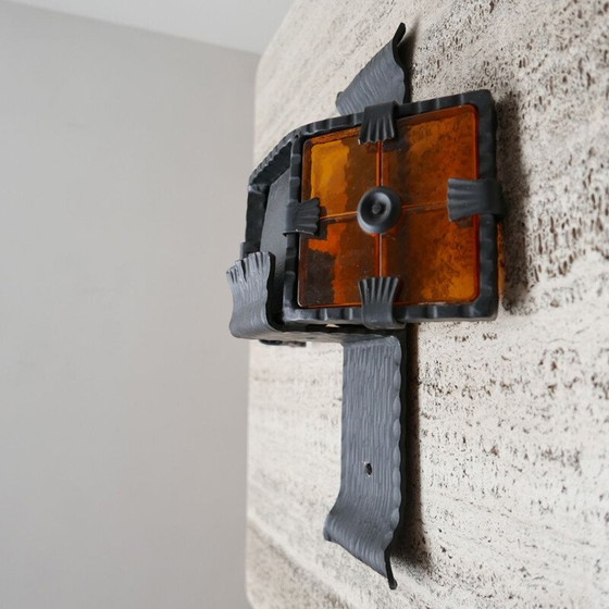Image 1 of Set of 3 Brutalist iron and orange glass mid-century wall lamps, Belgium 1970s