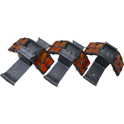 Set of 3 Brutalist iron and orange glass mid-century wall lamps, Belgium 1970s