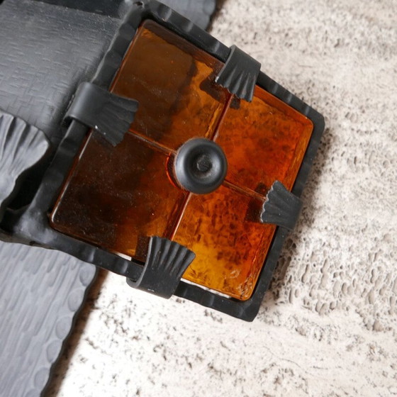 Image 1 of Set of 3 Brutalist iron and orange glass mid-century wall lamps, Belgium 1970s