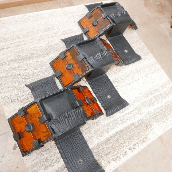 Image 1 of Set of 3 Brutalist iron and orange glass mid-century wall lamps, Belgium 1970s