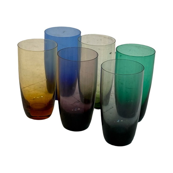 Image 1 of Ca. 1950’S - Germany - Mcm Bar Set - Six Low Glasses, 4 Long Stem Shot (Schnapps) Glasses And A Teak Serving Tray - Multi Colore