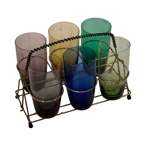 Image 1 of Ca. 1950’S - Germany - Mcm Bar Set - Six Low Glasses, 4 Long Stem Shot (Schnapps) Glasses And A Teak Serving Tray - Multi Colore