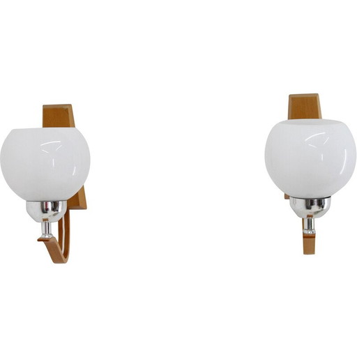 Pair of vintage wooden wall lamps with glass shades by Drevo Humpolec, Czechoslovakia 1960