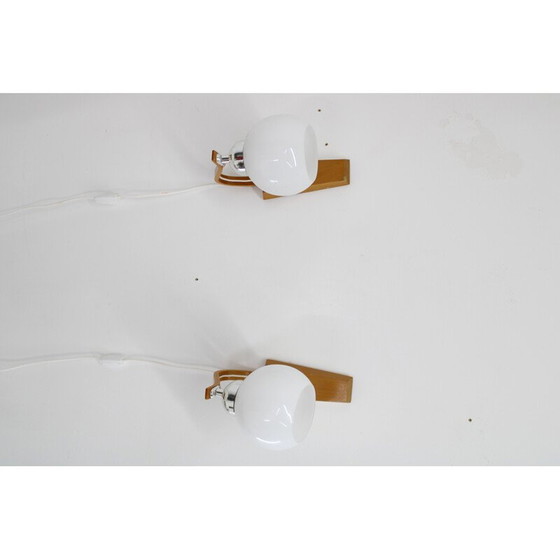 Image 1 of Pair of vintage wooden wall lamps with glass shades by Drevo Humpolec, Czechoslovakia 1960