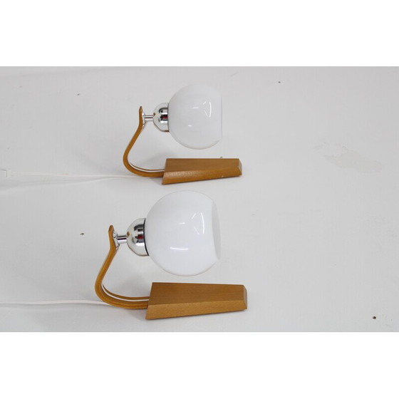 Image 1 of Pair of vintage wooden wall lamps with glass shades by Drevo Humpolec, Czechoslovakia 1960