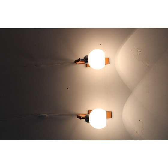 Image 1 of Pair of vintage wooden wall lamps with glass shades by Drevo Humpolec, Czechoslovakia 1960
