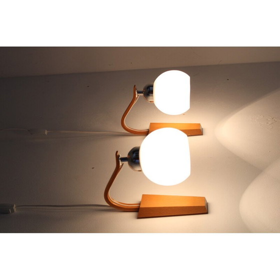 Image 1 of Pair of vintage wooden wall lamps with glass shades by Drevo Humpolec, Czechoslovakia 1960