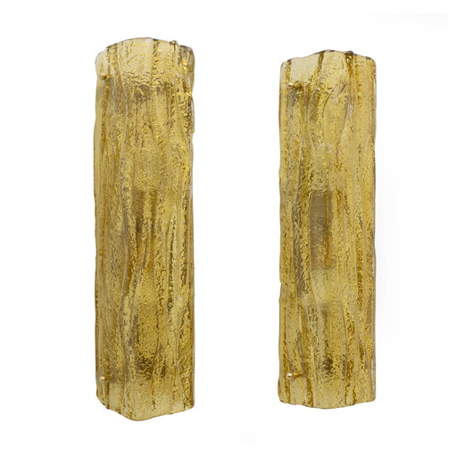 Pair Of Mazzega-Style Gold Yellow Murano Glass Sconces