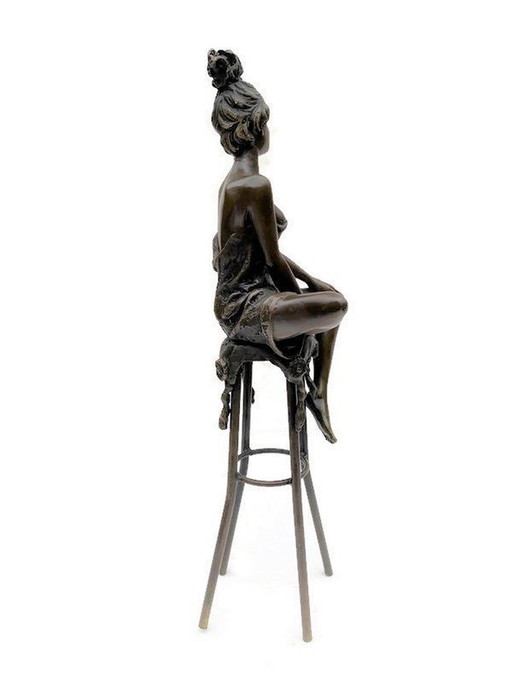 Bronze Statue Elegant Lady On Stool