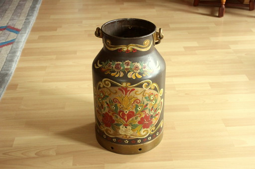 Hand-painted umbrella stand milk jug - Farmer's painting - Metal - Vintage