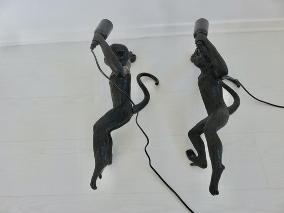 Image 1 of Pair Of Large Black Resin "Monkey" Wall Lights