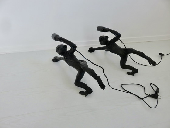 Image 1 of Pair Of Large Black Resin "Monkey" Wall Lights