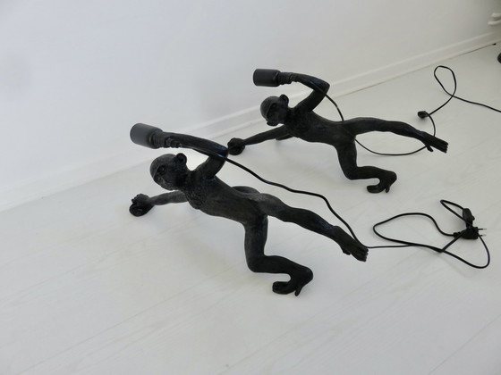 Image 1 of Pair Of Large Black Resin "Monkey" Wall Lights