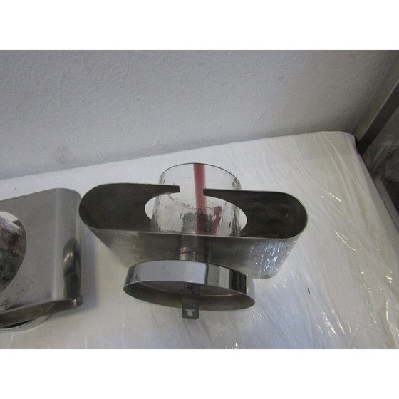 Image 1 of Set of 3 vintage steel and glass sconces by Murano, 1970