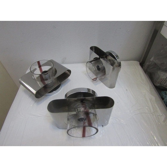 Image 1 of Set of 3 vintage steel and glass sconces by Murano, 1970
