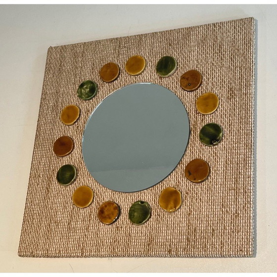 Image 1 of Specchio vintage in rafia e ceramica, Francia 1950