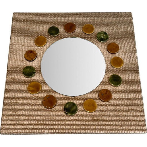 Specchio vintage in rafia e ceramica, Francia 1950