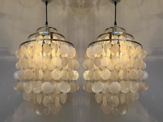 Image 1 of Set Of 2 Capiz Shells Pendant Lamps Lamps Chrome Frame