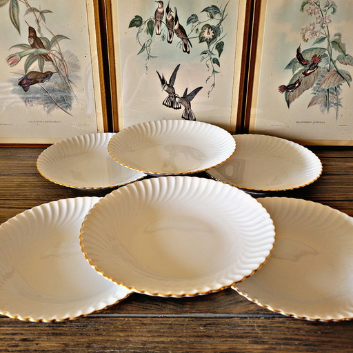 Assiettes creuses 6 Kaiser modèle Jeannette en porcelaine, liseré doré et torsade