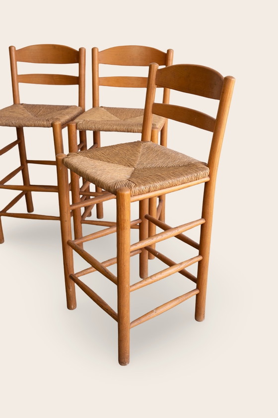 Image 1 of 3x Tabourets de bar vintage rustiques avec assise en jonc