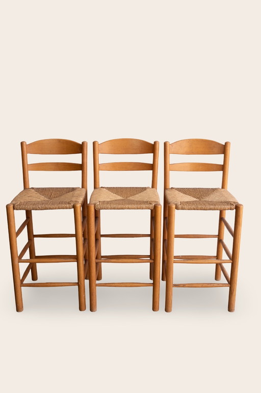 3x Tabourets de bar vintage rustiques avec assise en jonc