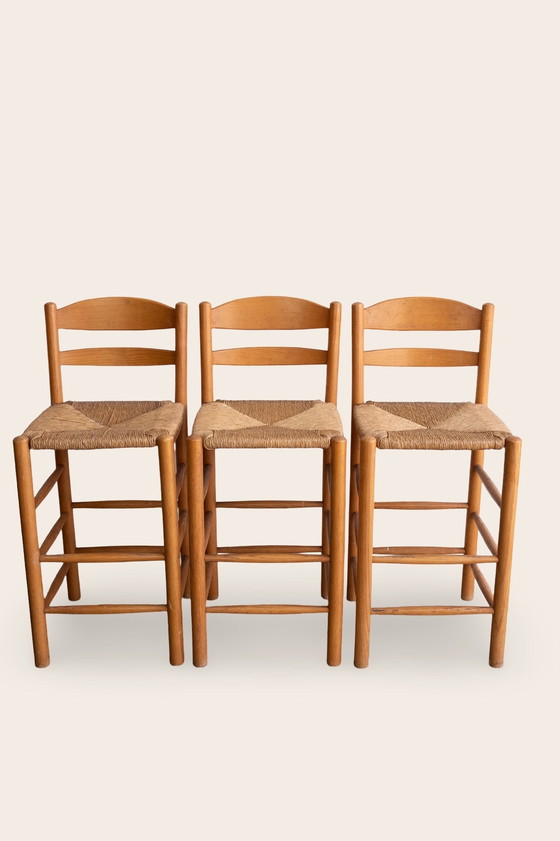 Image 1 of 3x Tabourets de bar vintage rustiques avec assise en jonc
