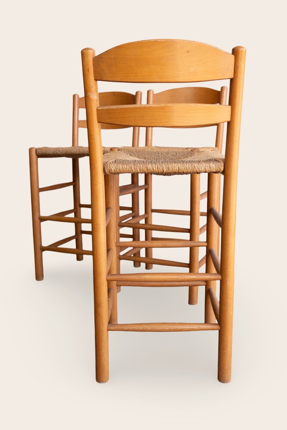 Image 1 of 3x Tabourets de bar vintage rustiques avec assise en jonc