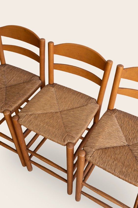 Image 1 of 3x Tabourets de bar vintage rustiques avec assise en jonc