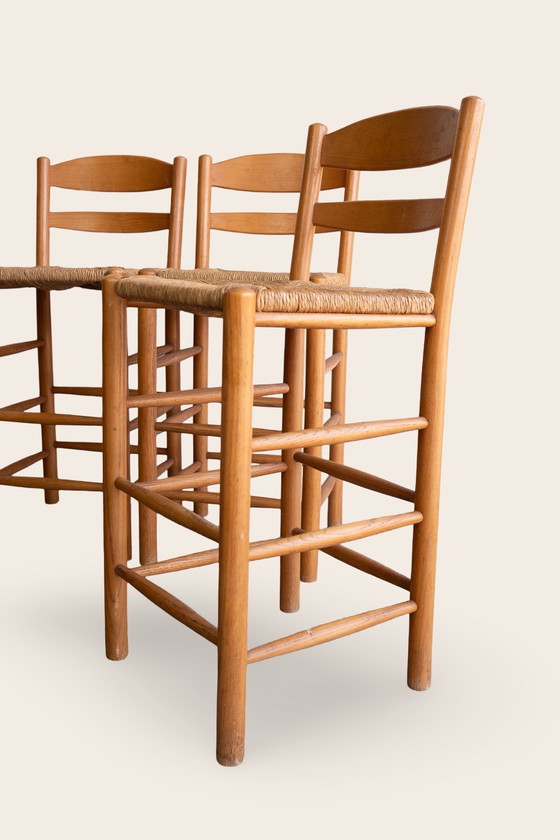 Image 1 of 3x Tabourets de bar vintage rustiques avec assise en jonc