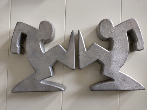 Image 1 of Set Heavy Metal Keith Haring La Linea Osvaldo Cavandoli Bookends Silver