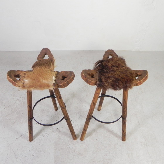 Image 1 of Set Of 2 Spanish Stools With Cowhide, 1960s