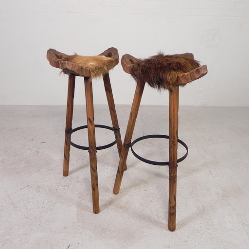 Set Of 2 Spanish Stools With Cowhide, 1960s