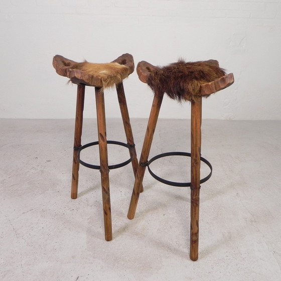 Image 1 of Set Of 2 Spanish Stools With Cowhide, 1960s