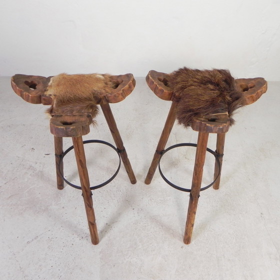 Image 1 of Set Of 2 Spanish Stools With Cowhide, 1960s