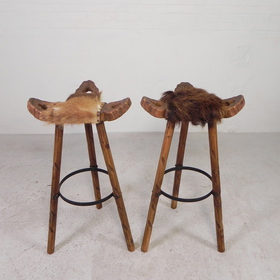 Image 1 of Set Of 2 Spanish Stools With Cowhide, 1960s