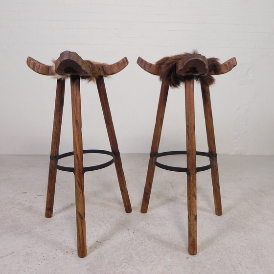 Image 1 of Set Of 2 Spanish Stools With Cowhide, 1960s